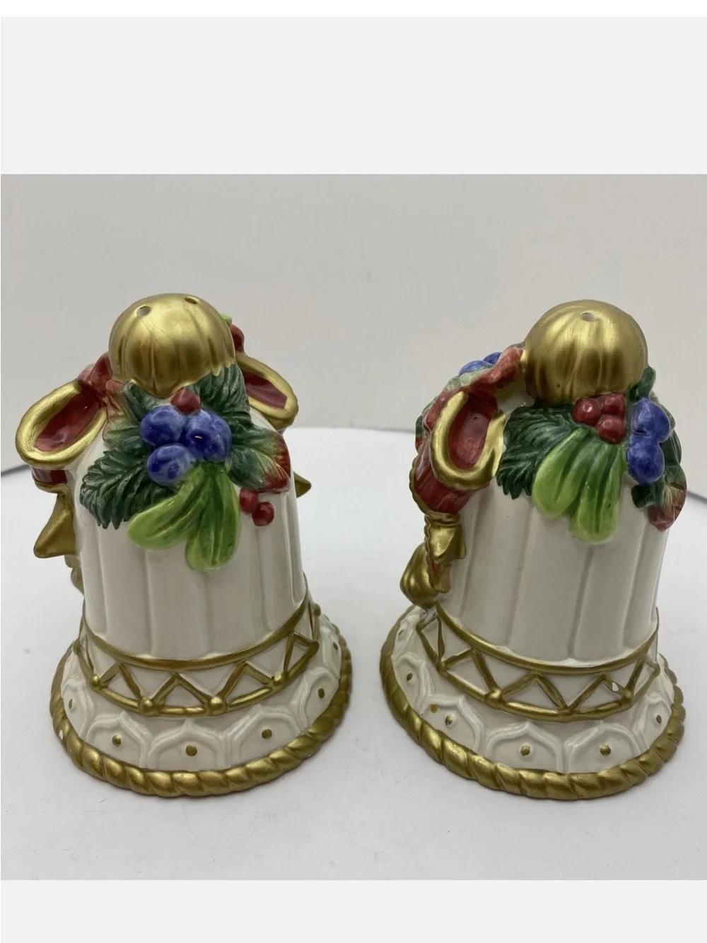 Vintage Fitz & Floyd Christmas Salt & Pepper Shakers - Hand-painted Bell Shape